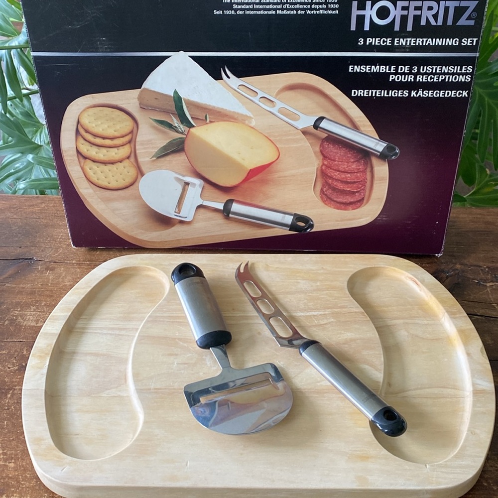 Hoffritz 3 Piece Charcuterie Board Set. Hardwood Board - Stainless Tools